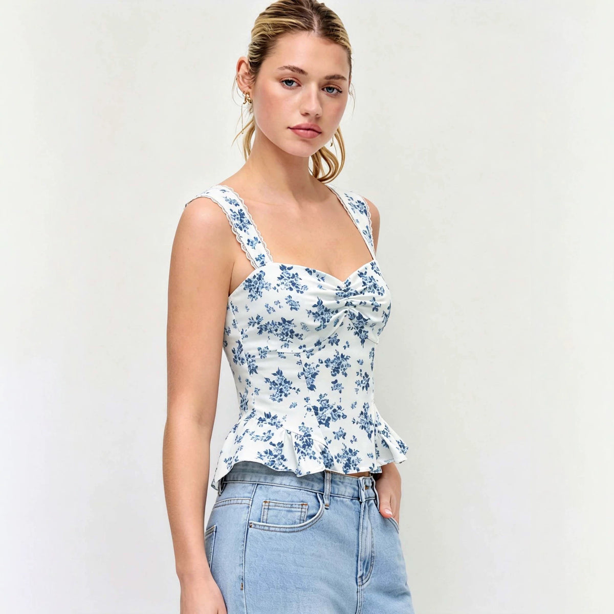 Summer New White-base Top With Blue Floral Print Strapless Style by Ricaloux