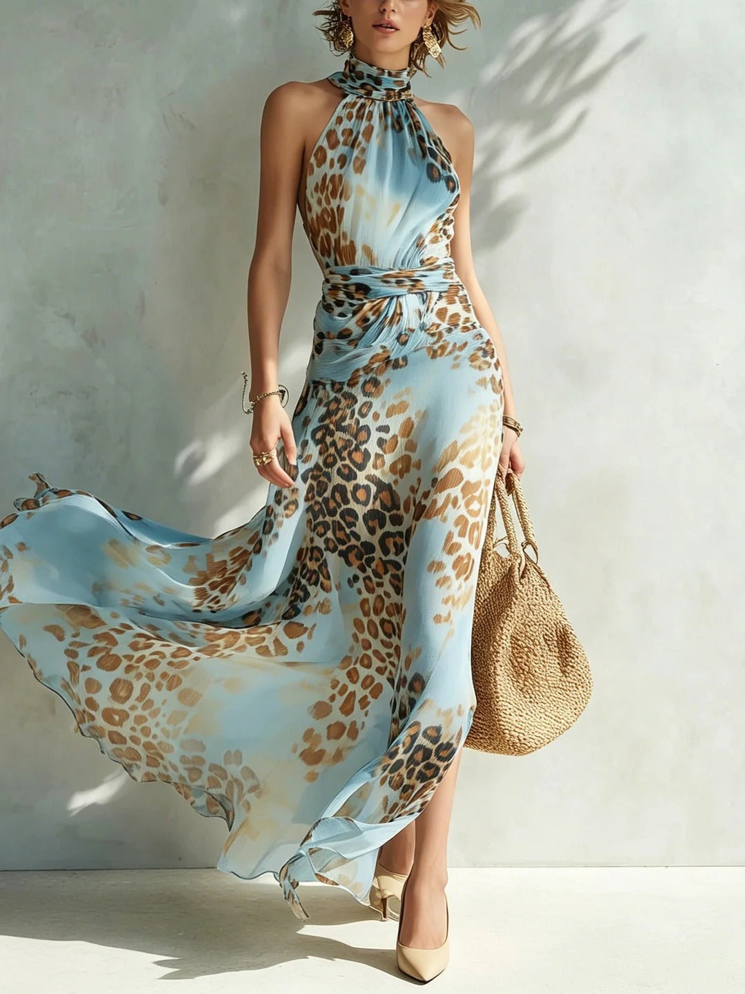 Leopard-print Sleeveless Maxi Dress Halter-neck Printed Gown by Ricaloux