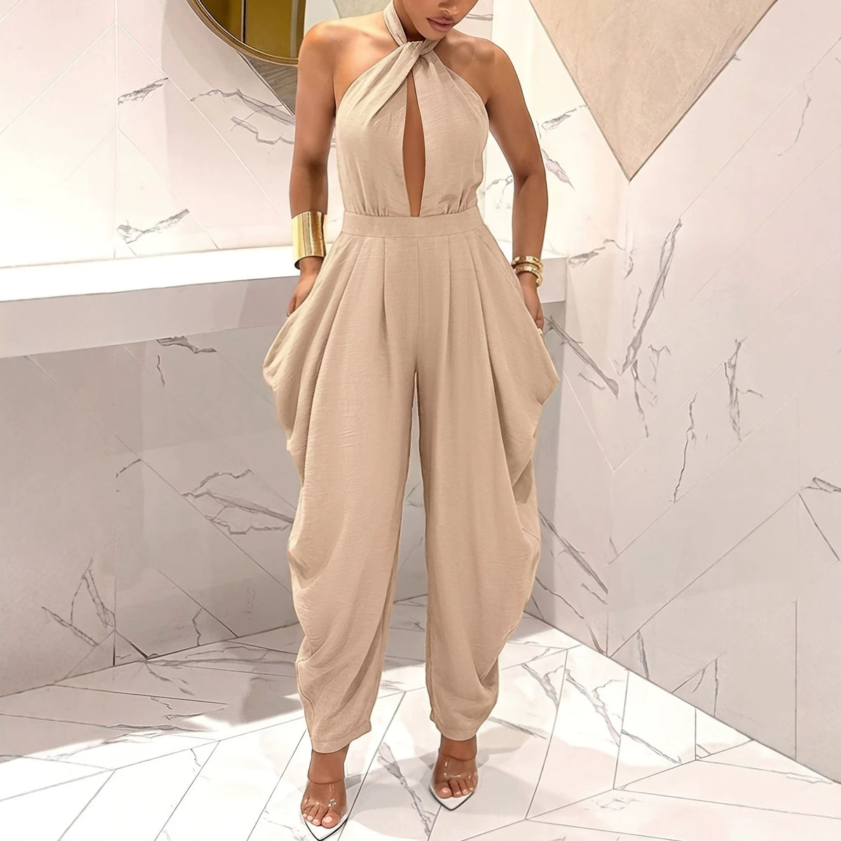 Halter-neck Crossover Backless Jumpsuit With Pleated Wide-leg Harem Pants – Premium 0 | RICALOUX