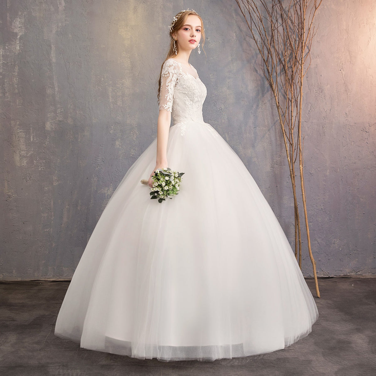 Slim Mid-sleeve Plus Size Photo Studio Wedding Dress - RICALOUX