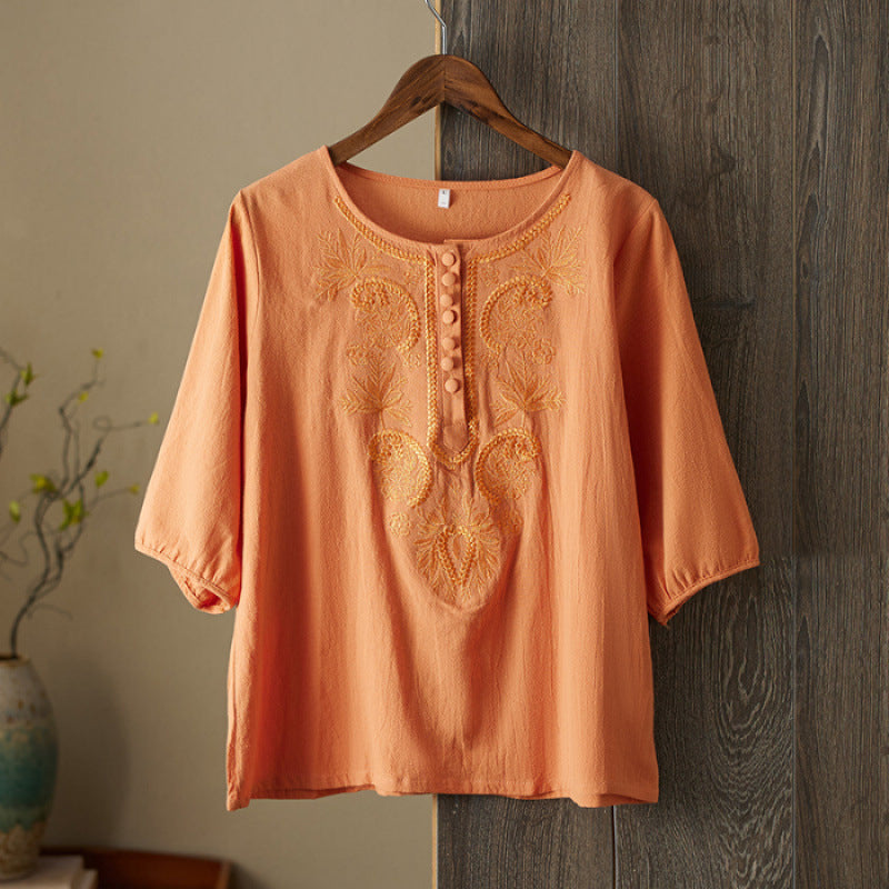 Womens Artistic Solid-Color Embroidered Cotton-Linen Top by Ricaloux