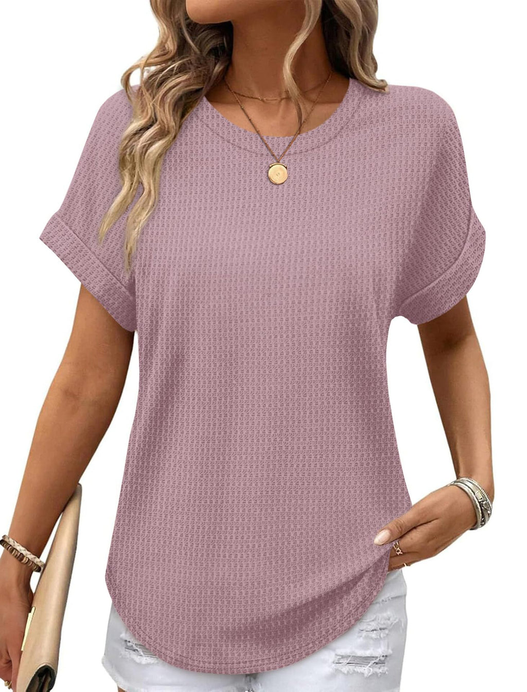Ruffled-edged Short-sleeve Waffle-knit Crew-neck Top With A Curved Hem by Ricaloux