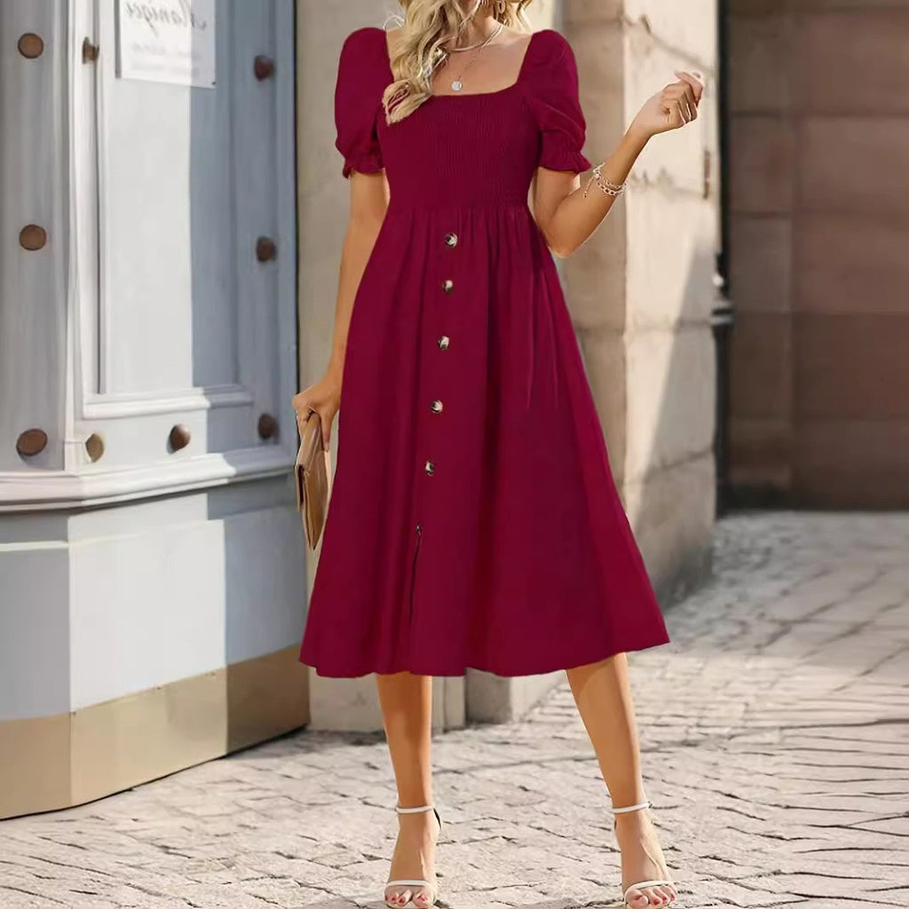 Womens Square-neck Pleated Short-sleeve Dress With Buttons by Ricaloux