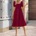 Womens Square-neck Pleated Short-sleeve Dress With Buttons by Ricaloux