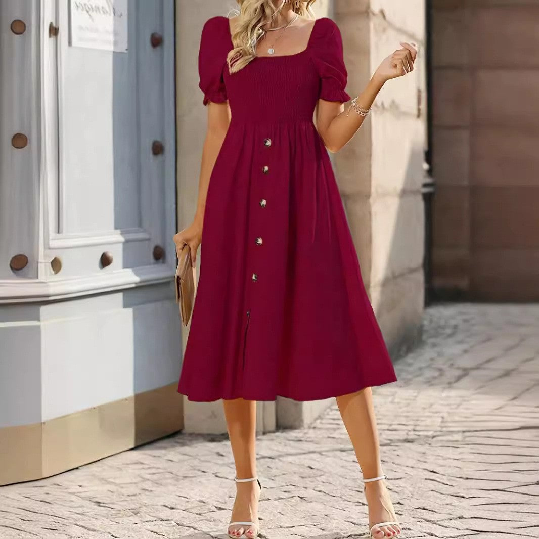 Womens Square-neck Pleated Short-sleeve Dress With Buttons by Ricaloux