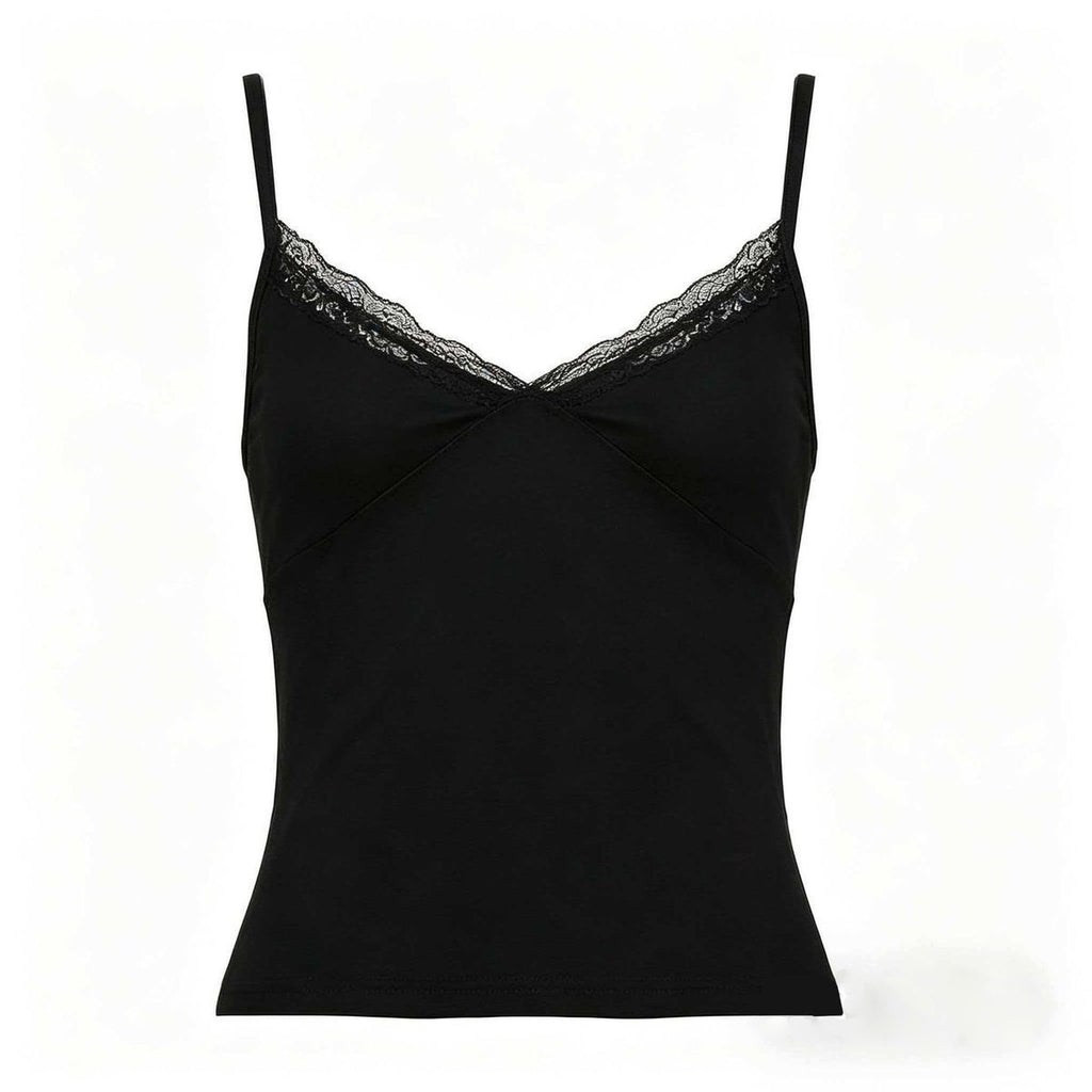 Simple Lace-trimmed V-neck Strap Solid-color Outerwear Short Top For Women by Ricaloux