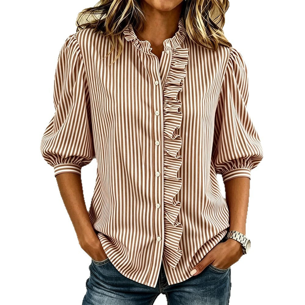 Puff-sleeved Button-up Summer Ruffled-edge Striped Loose-fit Blouse For Women – Premium 0 | RICALOUX
