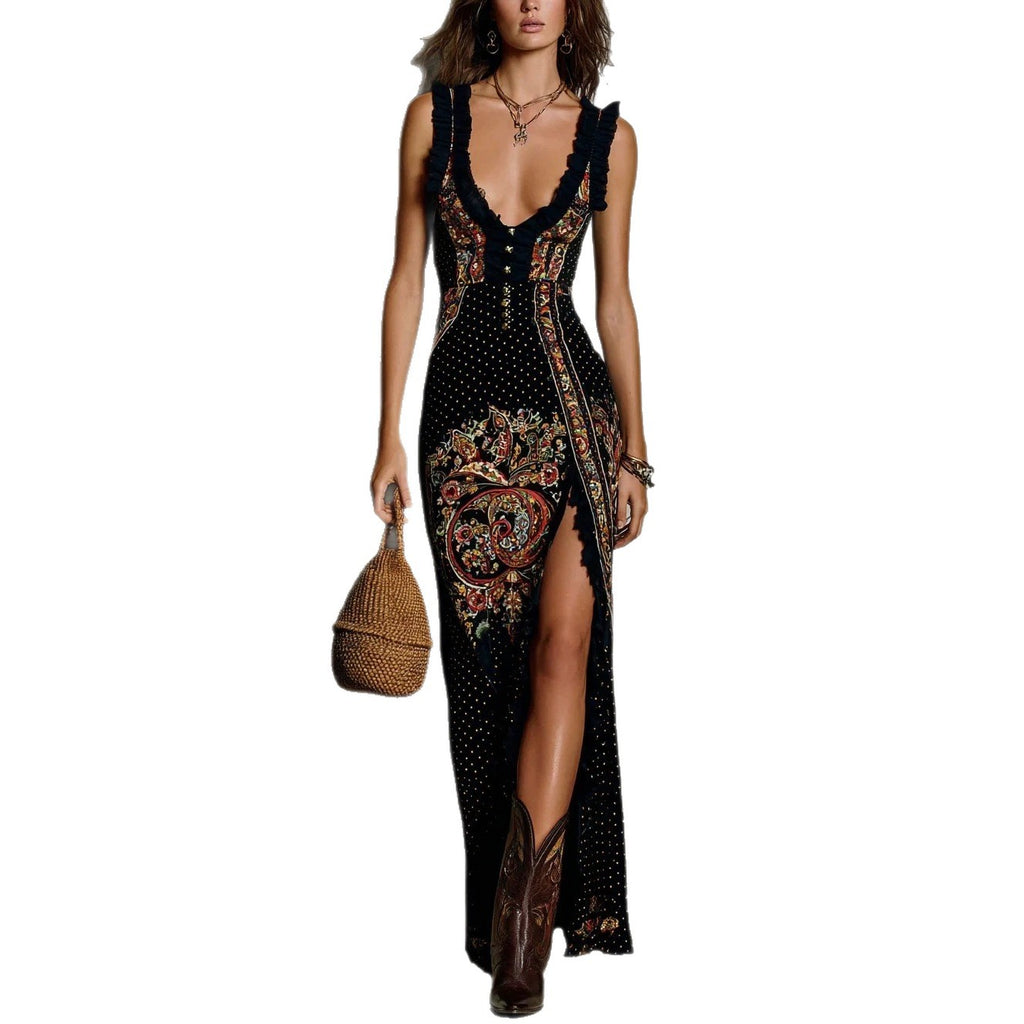 Digital Print Sleeveless Tank Top Split Long Skirt Dress by Ricaloux