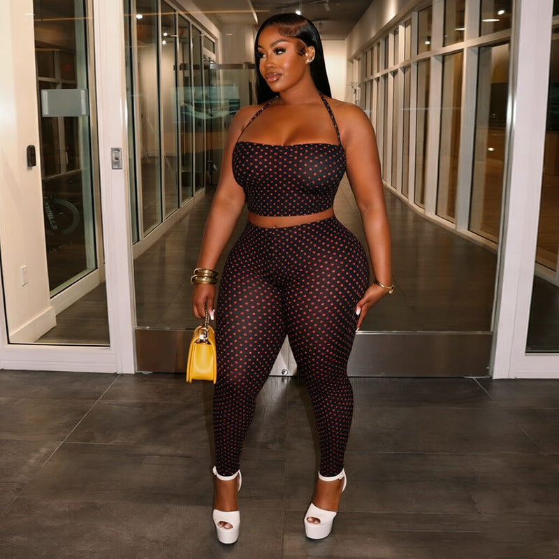 Womens Polka-dot Print Halter-neck Sexy Tube Top And Tight-fitting Trousers Two-piece Set by Ricaloux