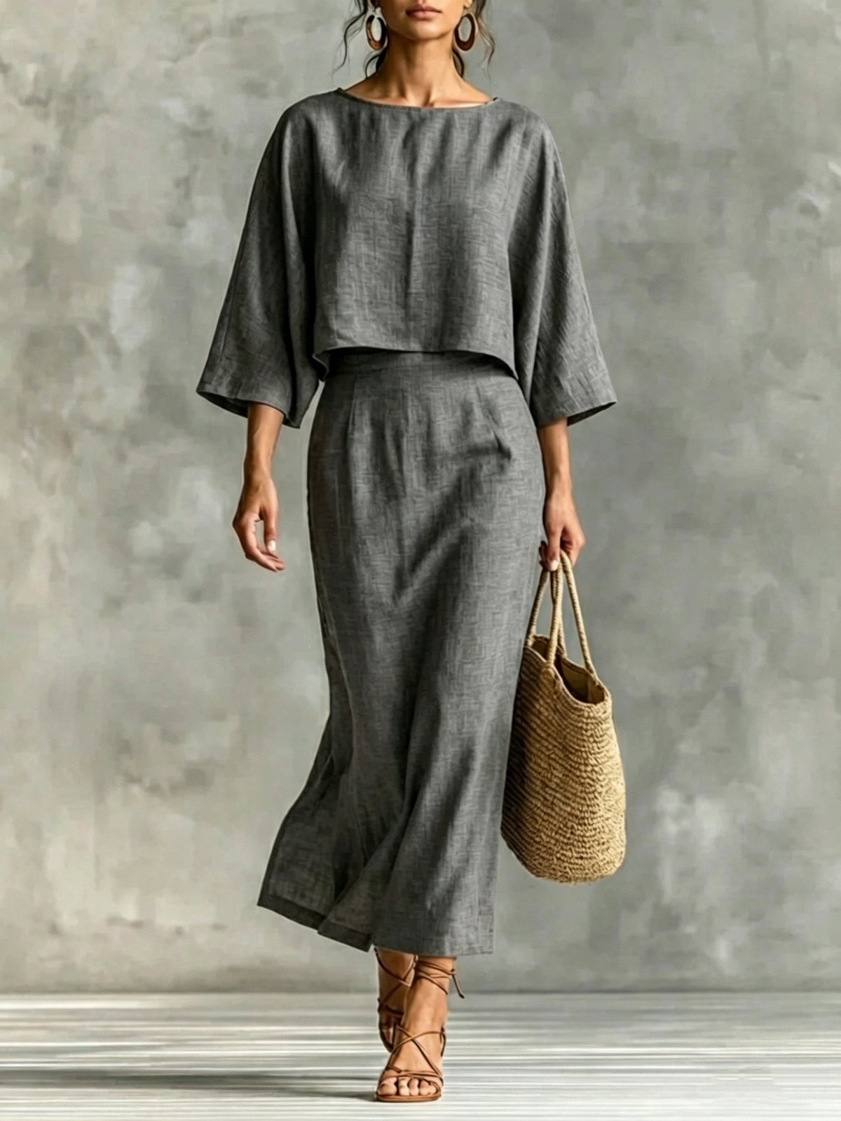 High Waisted Long Skirt Set With A Round Neck Three Quarter Sleeved Loose Fitting Womens Top – Premium 0 | RICALOUX