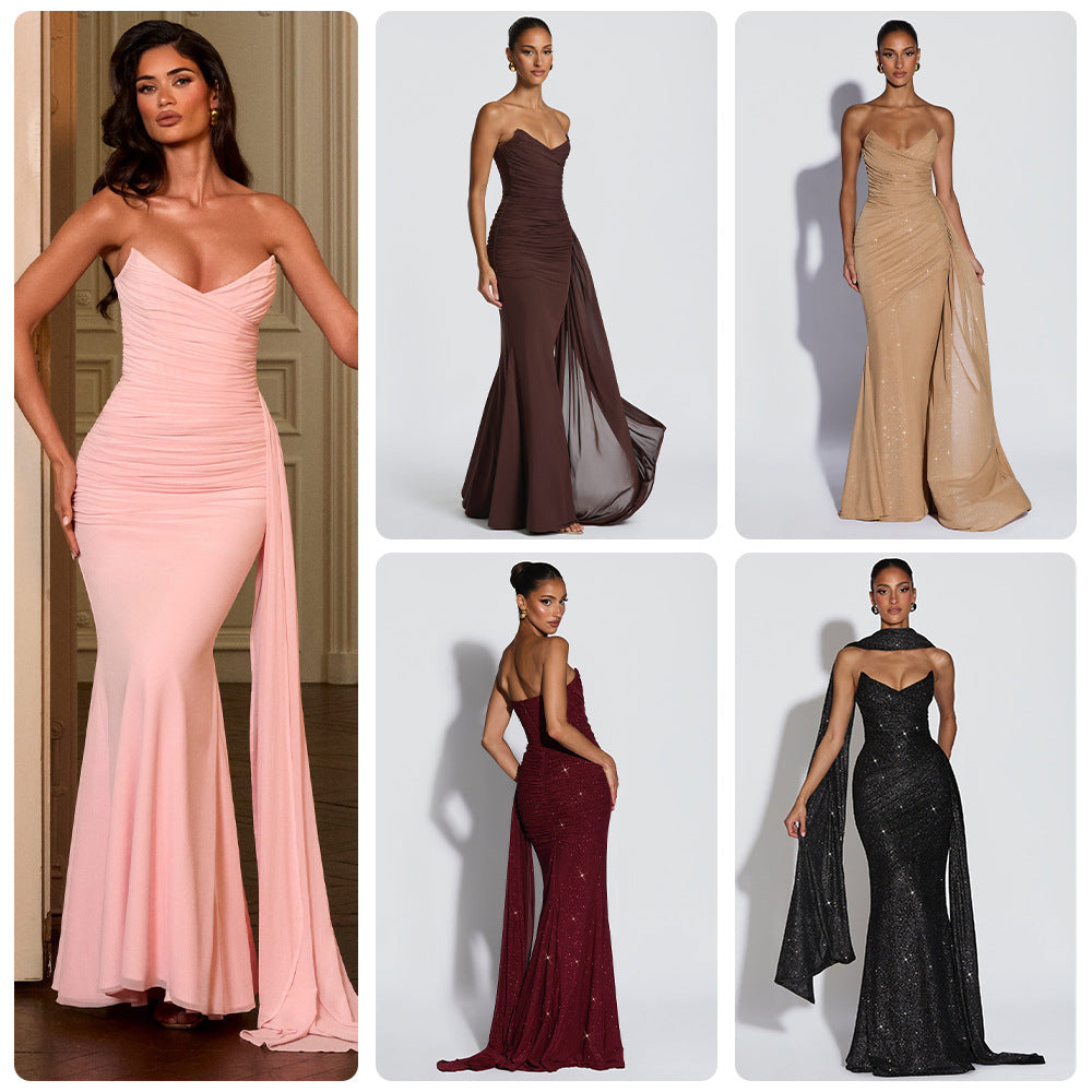 European And American-style Shimmering Strapless Waist-cinching Maxi Evening Gown With Crisscross Detailing by Ricaloux