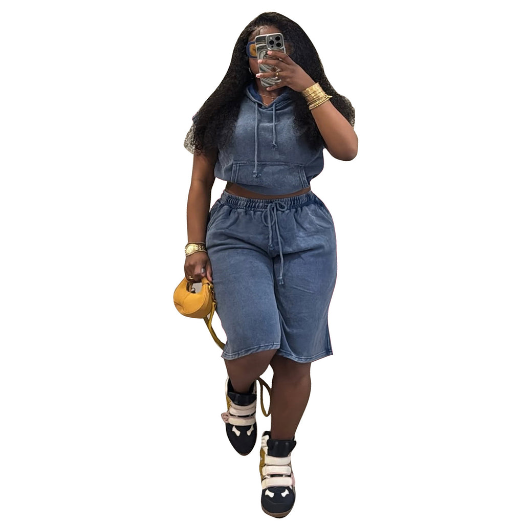 Casual Elastic Washed Shorts Set by Ricaloux
