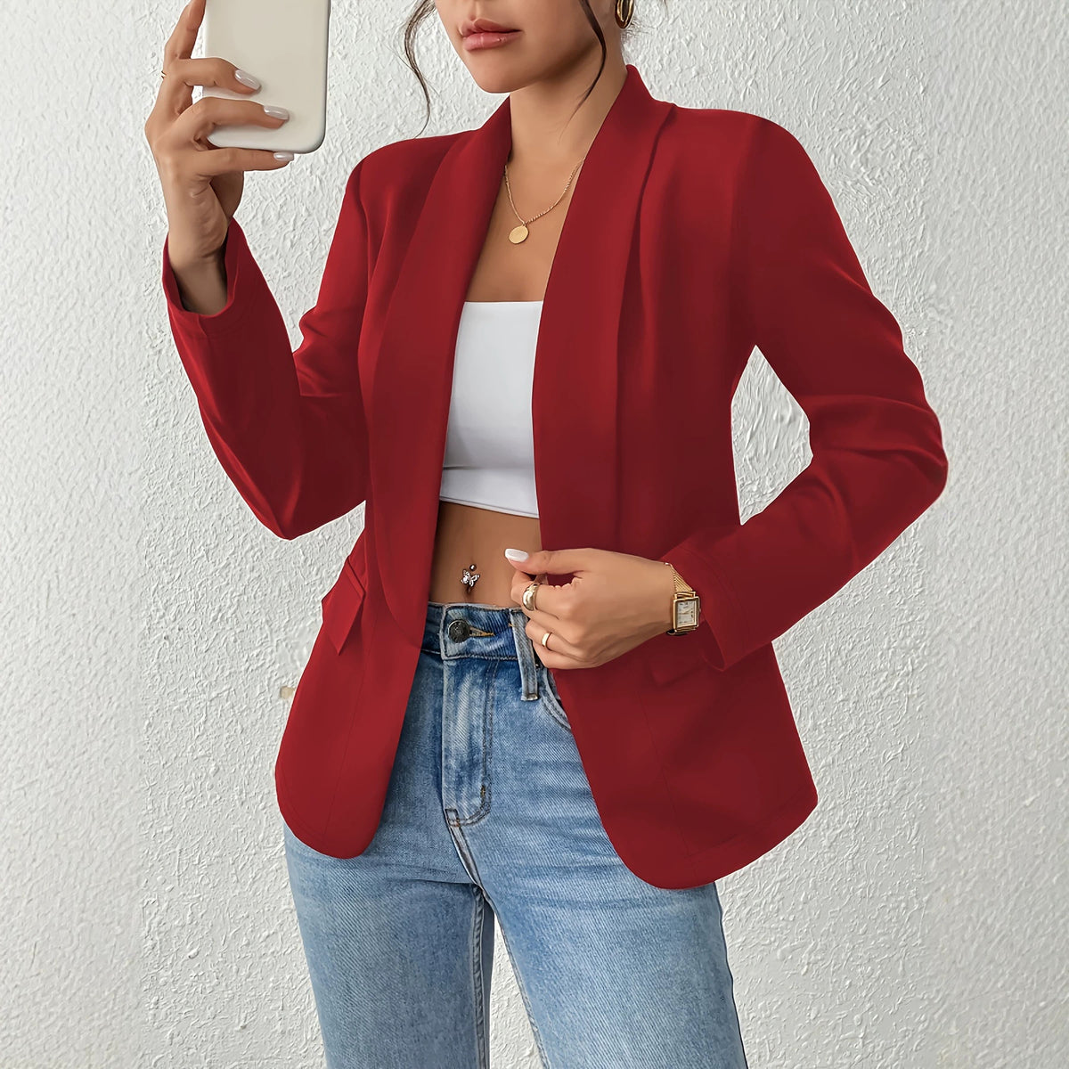 Womens Solid-color Lapel Coat With Pocket Flaps And Long Sleeves by Ricaloux