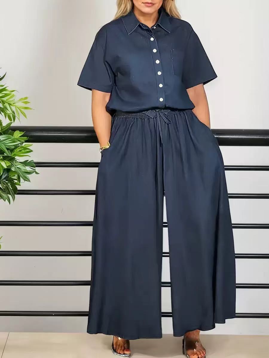 Womens Fashionable Loose Casual Solid-Color Two-Piece Set Short-Sleeve Top And Wide-Leg Long Pants – Premium 0 | RICALOUX