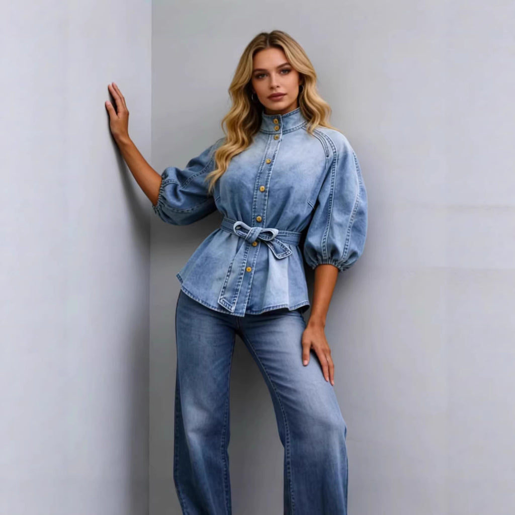 Lace-up Waist-cinching Bell-sleeve Cropped-sleeve Versatile Vintage Denim Shirt by Ricaloux