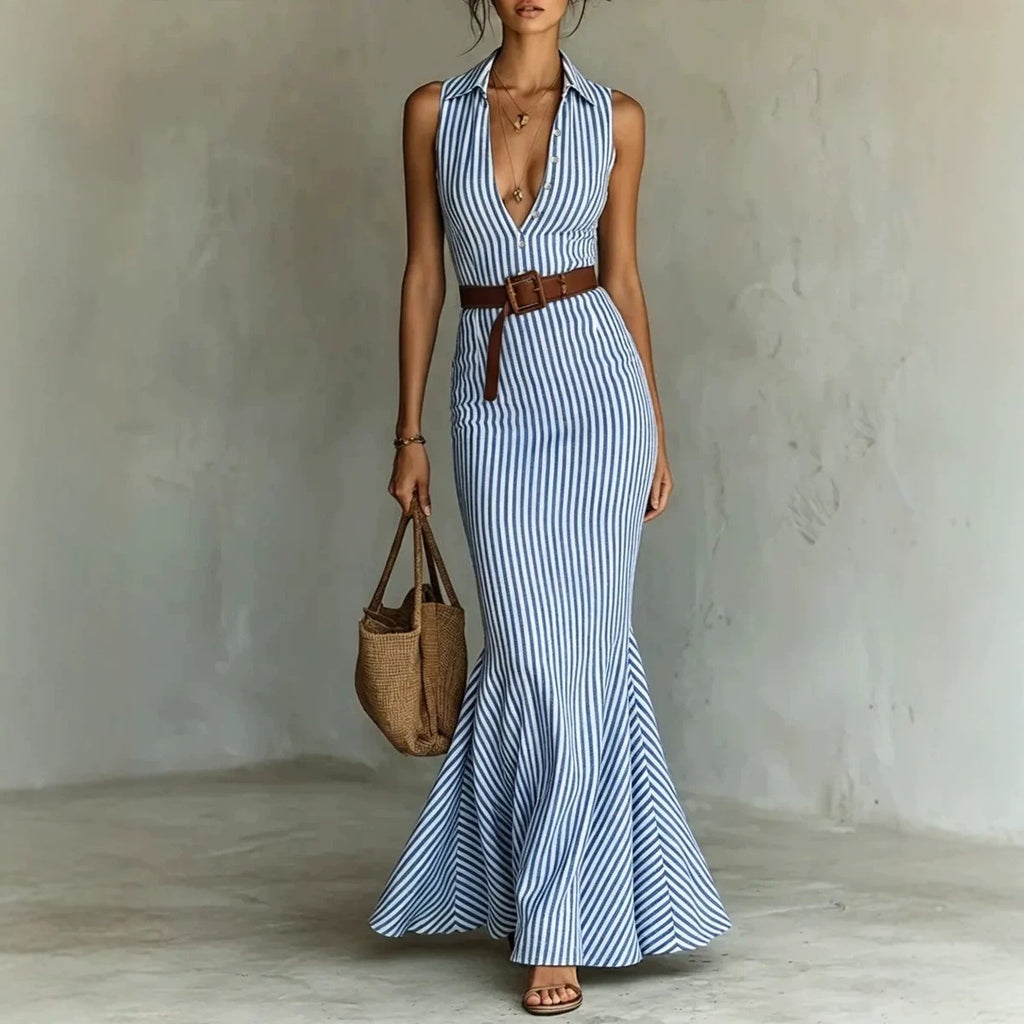 Elegant V-neck Dress With A Belt For Women by Ricaloux