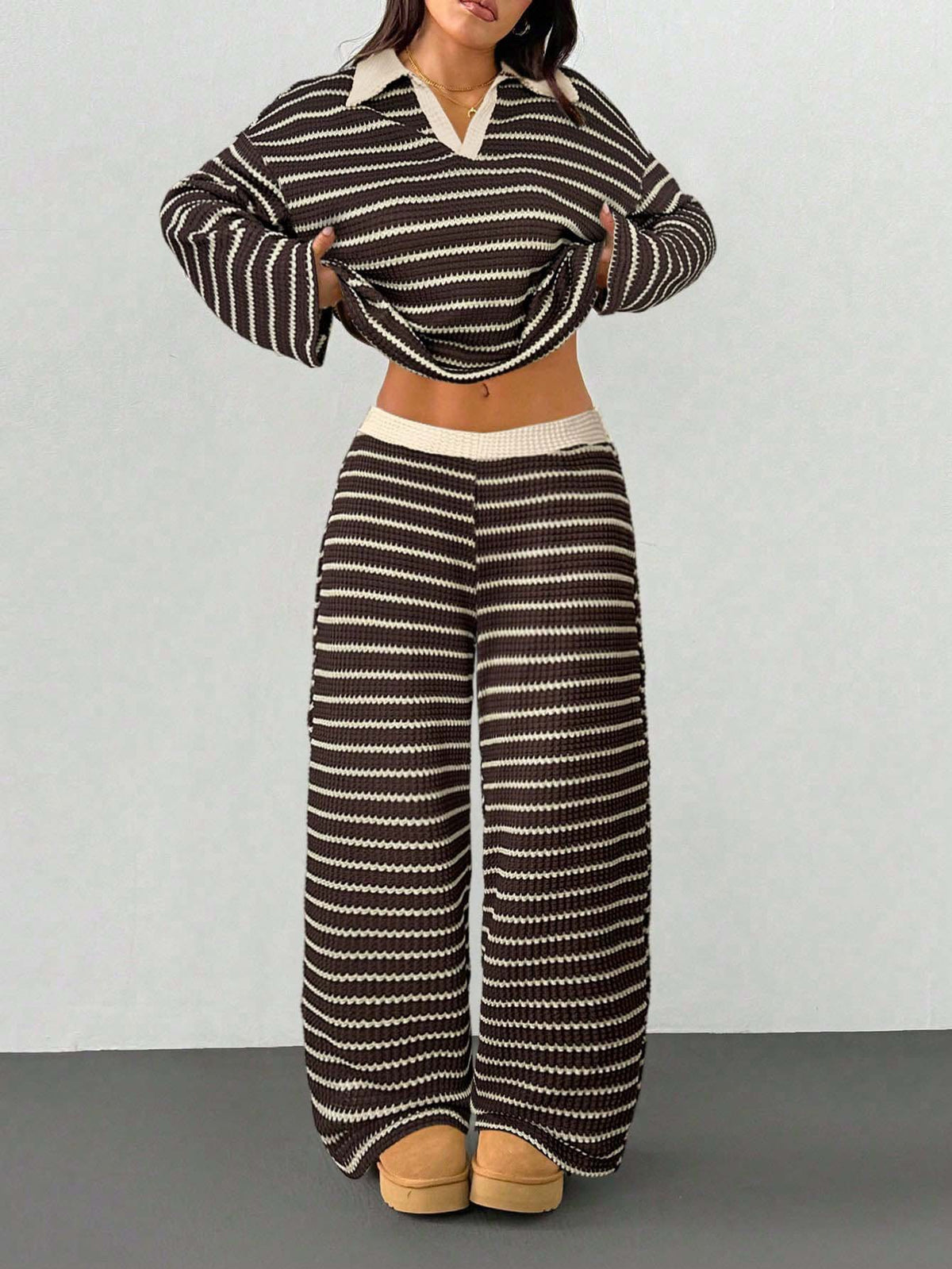 Striped Knitted Color-Block Long-Sleeve Top And Pants Casual Set – Premium 0 | RICALOUX