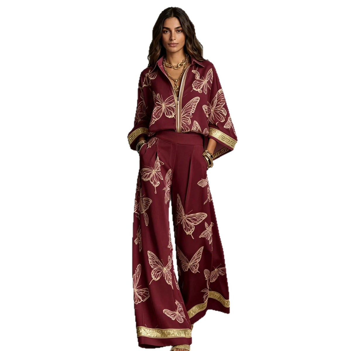 Womens Printed Loose-Fit Zip-Up Top And Wide-Leg Pants Two-Piece Set by Ricaloux