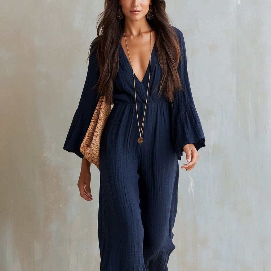 Womens Long-sleeve V-neck Bohemian-style Elastic-waist Jumpsuit by Ricaloux