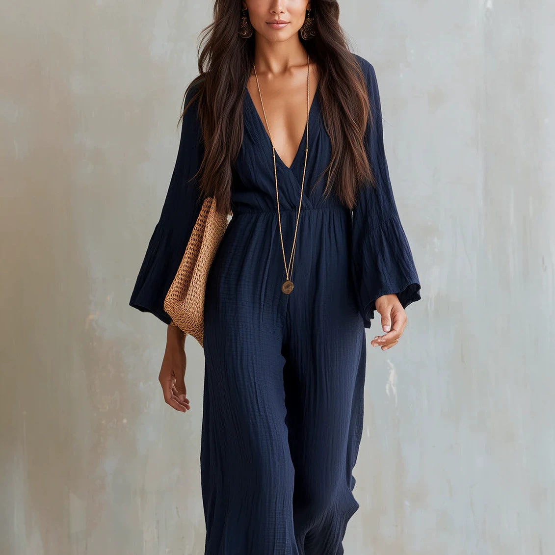 Womens Long-sleeve V-neck Bohemian-style Elastic-waist Jumpsuit by Ricaloux