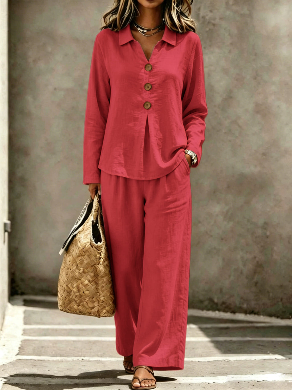 Womens Buttoned Polo-collar Long-sleeve Pantsuit by Ricaloux