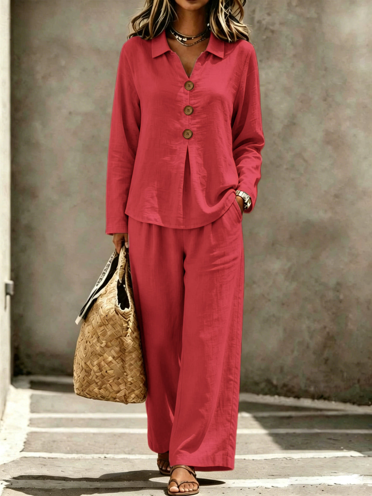 Womens Buttoned Polo-collar Long-sleeve Pantsuit by Ricaloux