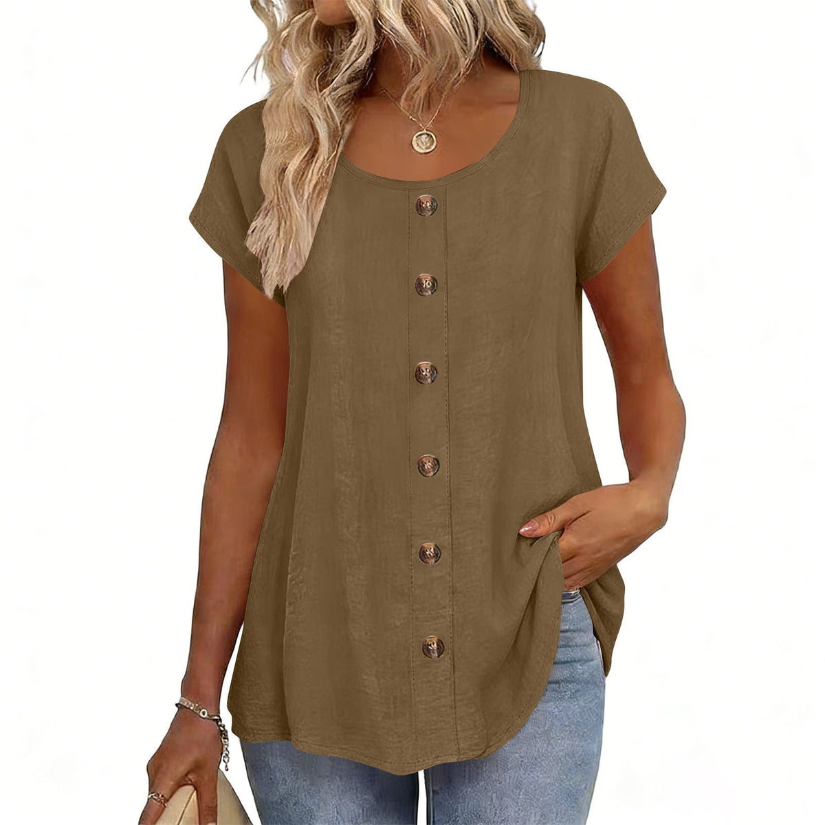 Womens Elegant And Fashionable Solid-color Round-neck Short-sleeve Top by Ricaloux