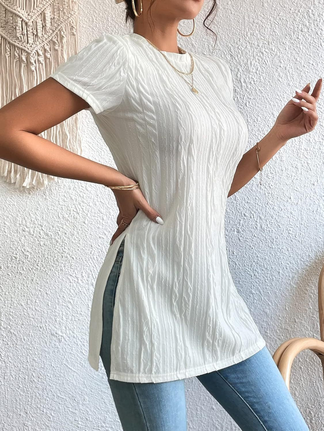 Women's Textured Short Sleeve Side Slit Tunic Top - Casual Loose Fit Longline Blouse by Ricaloux
