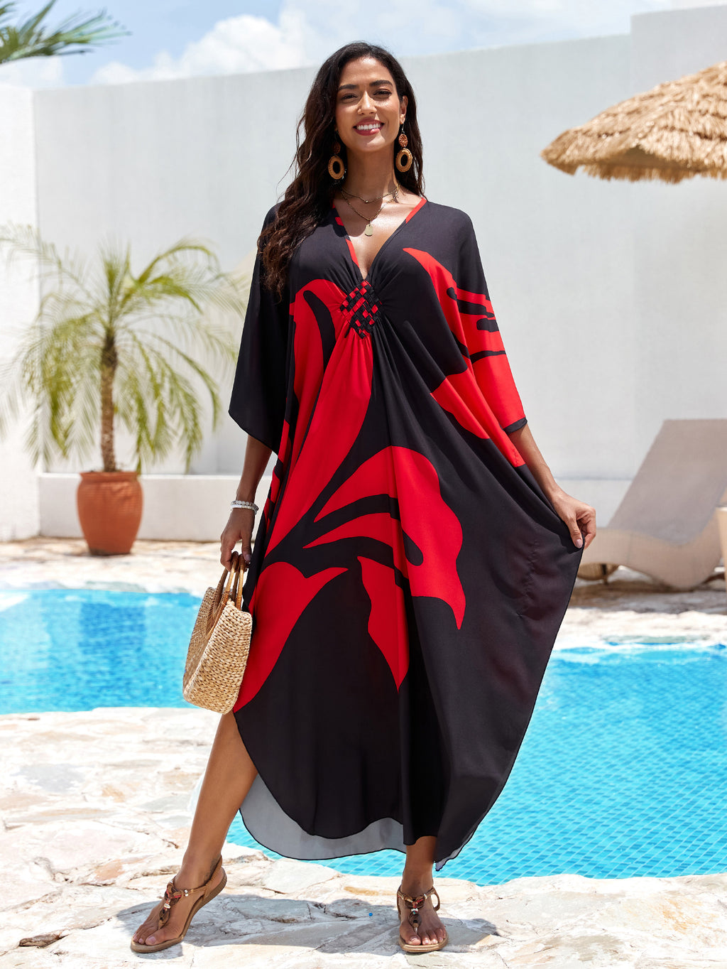 Printed Beach Cover-up Hand-knitted V-neck Plus-size Dress by Ricaloux