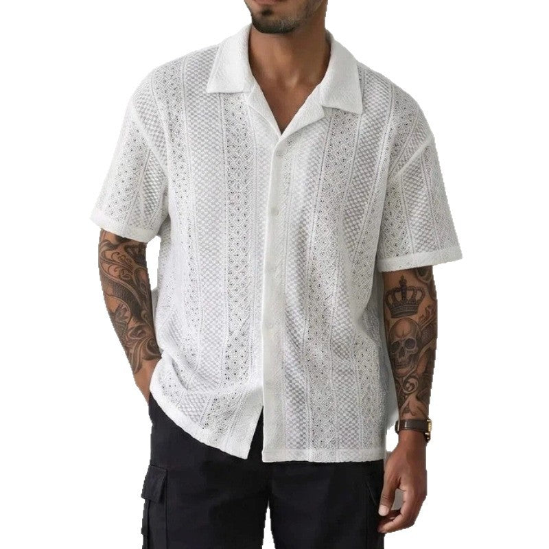 Old Money Style Cuban Collar Hollow Out Knitted Short Sleeve Shirt by Ricaloux