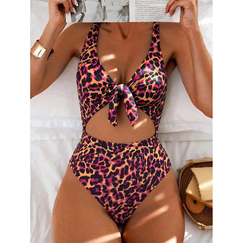 European And American Leopard-print Midriff-baring One-piece Swimsuit by Ricaloux