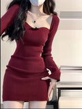 Square Neck Knitted Dress Women's Inner Sleeve Slim - RICALOUX