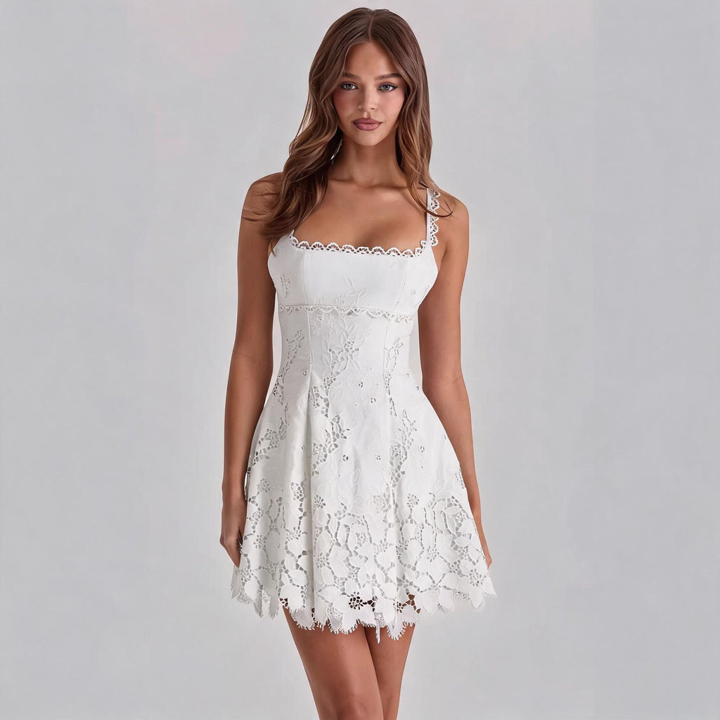 Lace-trimmed Sexy Backless Strap Mini Dress by Ricaloux