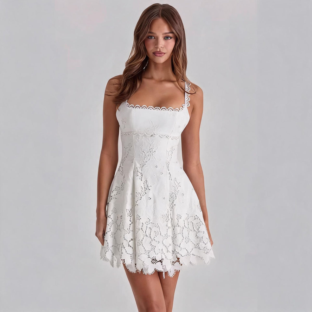Lace-trimmed Sexy Backless Strap Mini Dress by Ricaloux