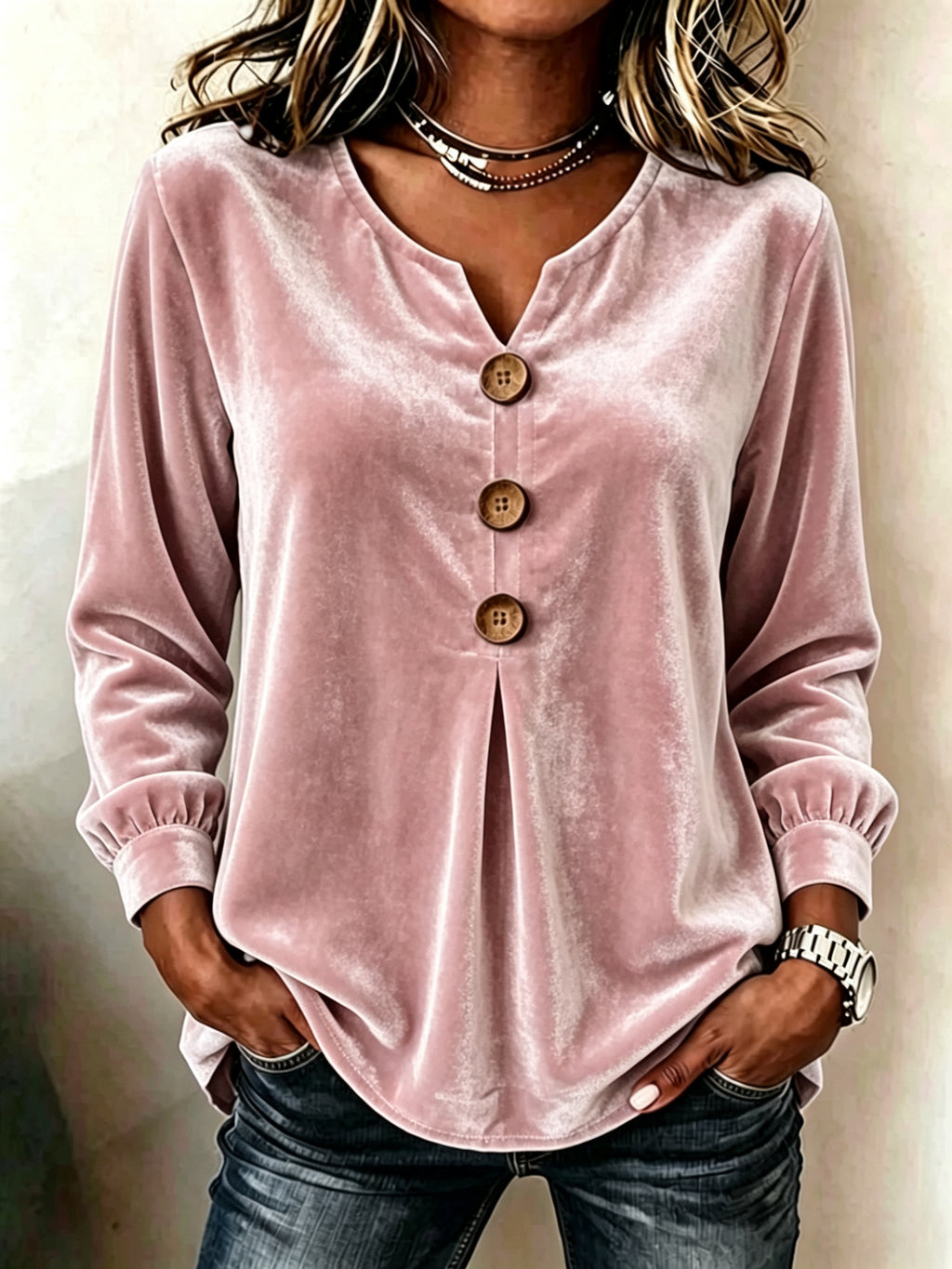 Elegant V-neck Buttoned Long-sleeve Velvet Blouse For Women by Ricaloux