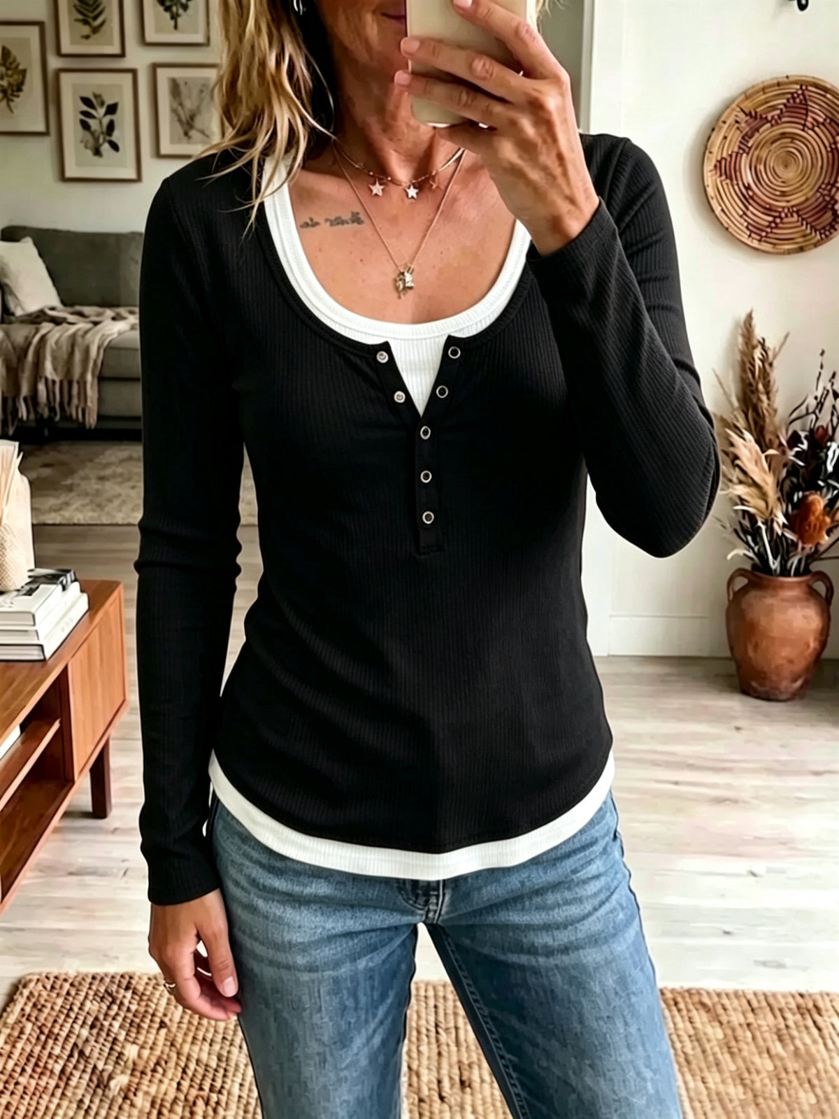 Womens Color-Block Fake Two-Piece Slim-Fit Casual Long-Sleeve T-Shirt – Premium 0 | RICALOUX