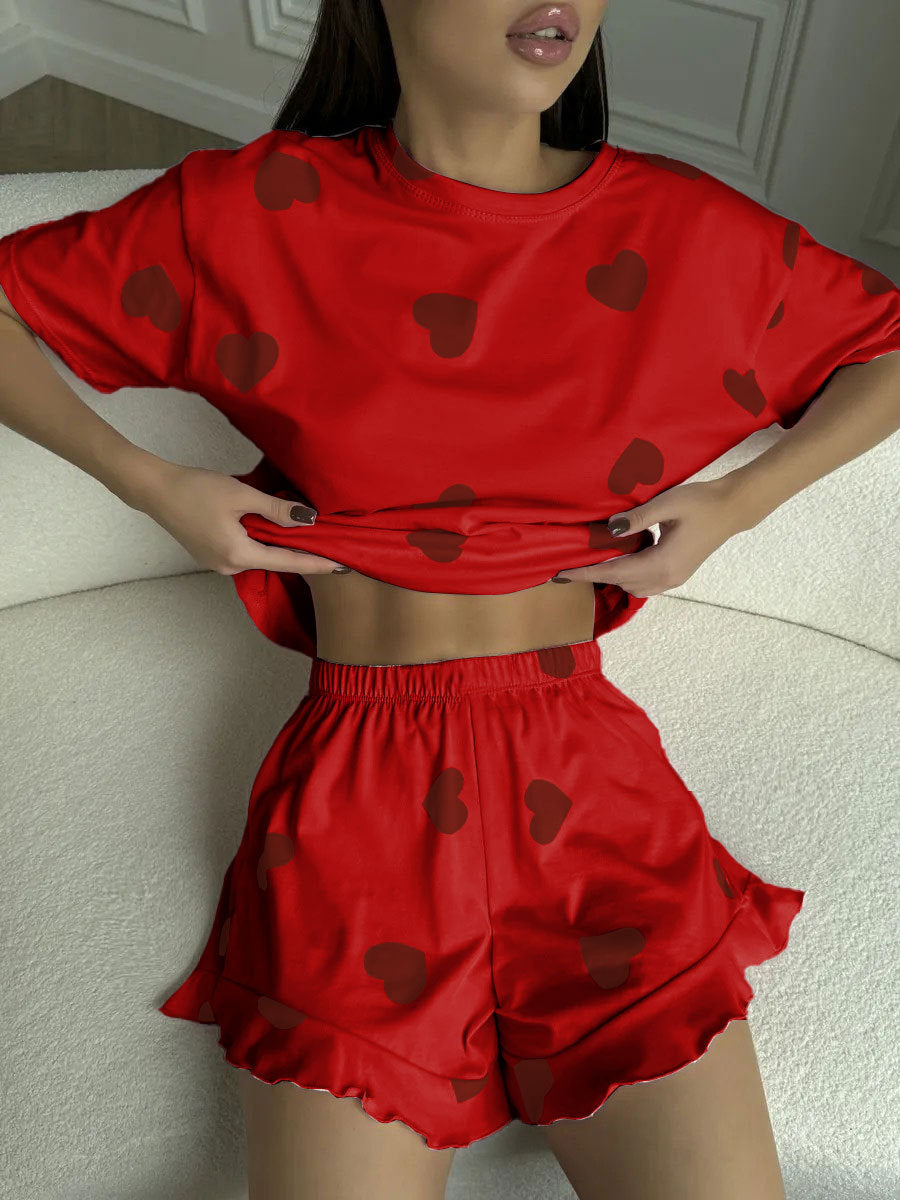 Heart-print Short-sleeve Pajama Set With Shorts by Ricaloux