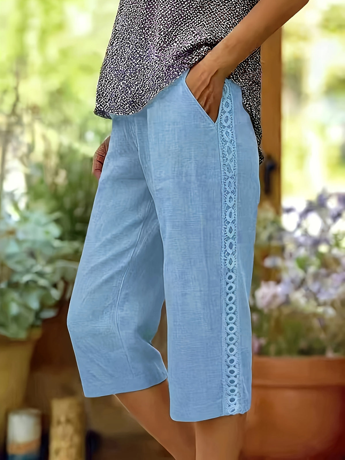 Elegant Side-rimmed Slanted-pocket Casual Capri Pants by Ricaloux