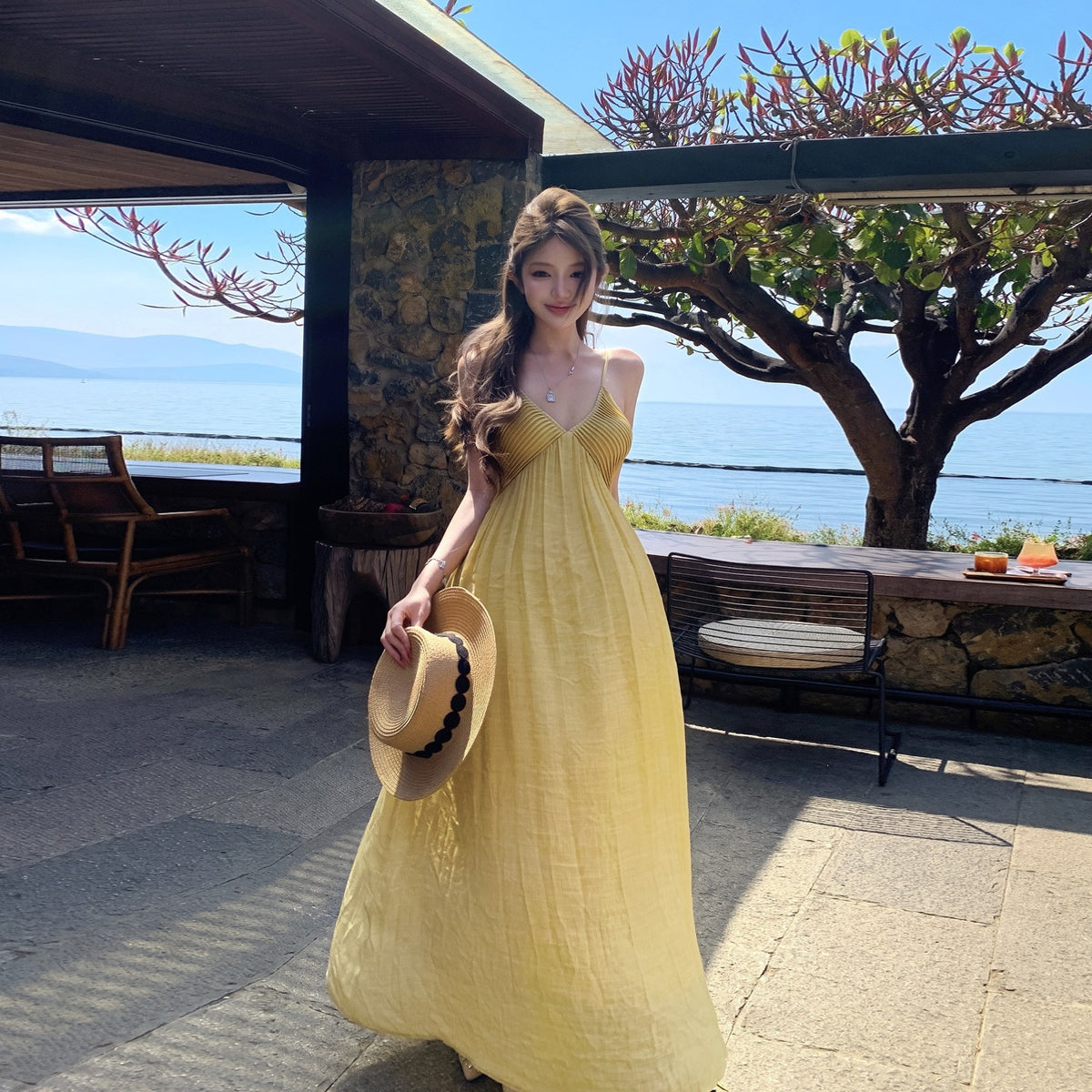 Stunning Yellow V-neck Tea-length Strap Dress For Summer by Ricaloux