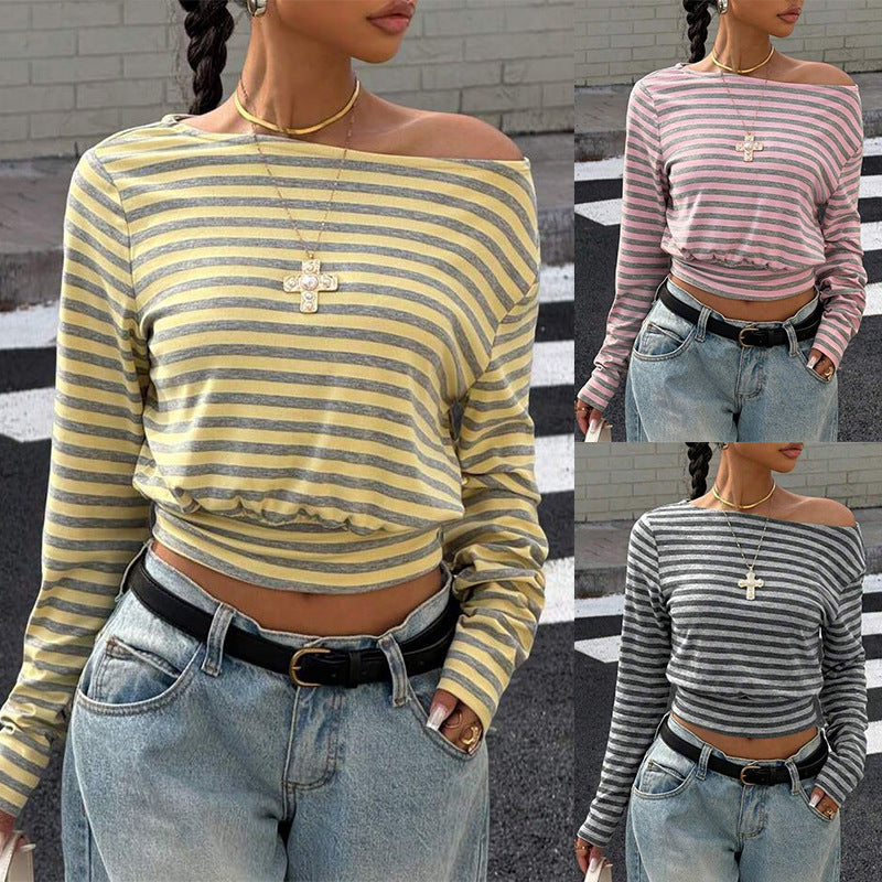 Striped Crew-neck Waist-cinched Womens Long-sleeve Top – Premium 0 | RICALOUX