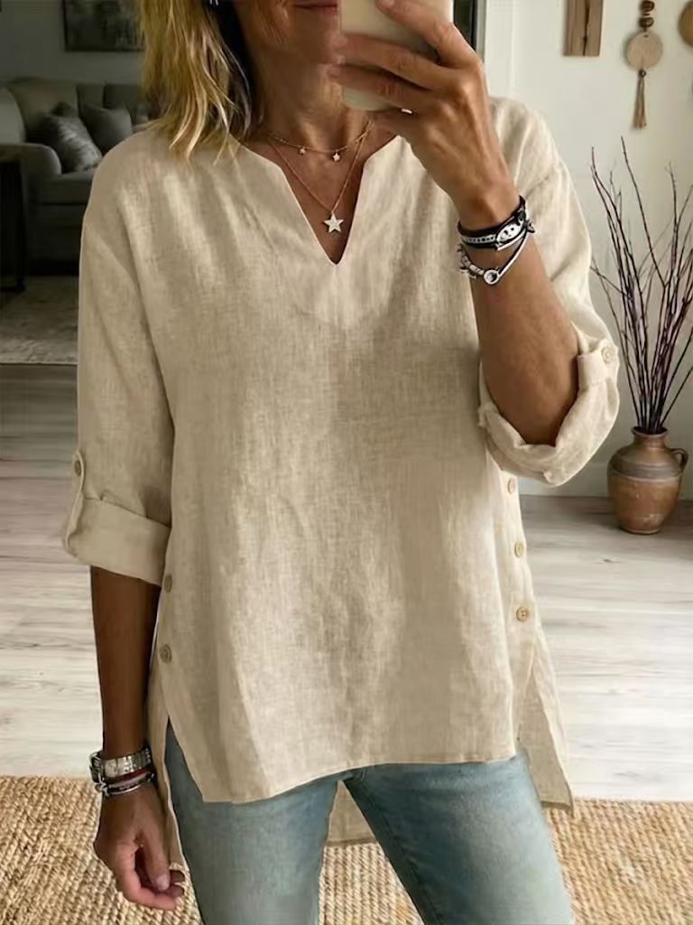 Loose Casual V-neck Three-quarter-sleeve T-shirt For Women by Ricaloux