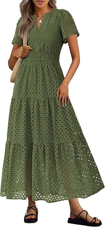 Womens Short-Sleeve V-Neck Hollow-Out Dress by Ricaloux