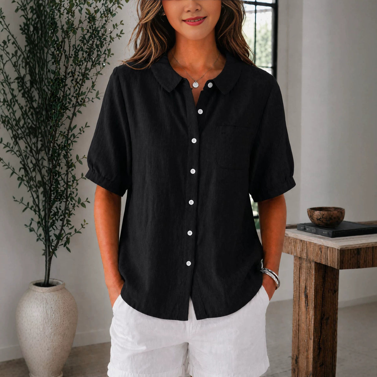 Womens Solid-color Loose-fit Casual Work Top by Ricaloux