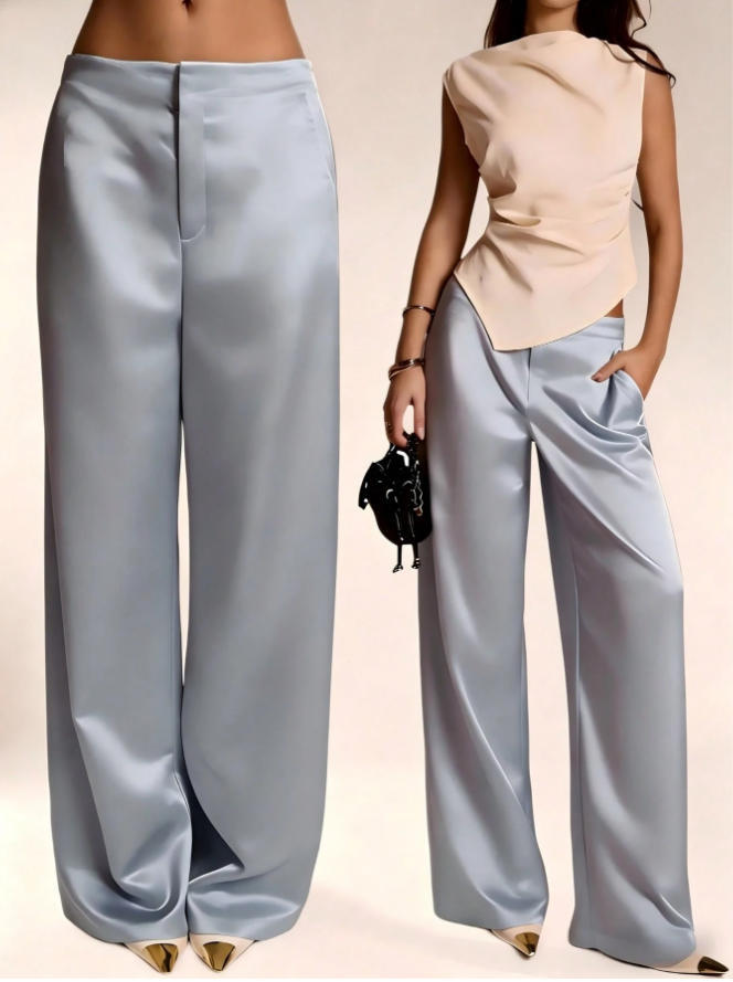 Womens Casual Solid-color Satin Wide-leg Pants by Ricaloux