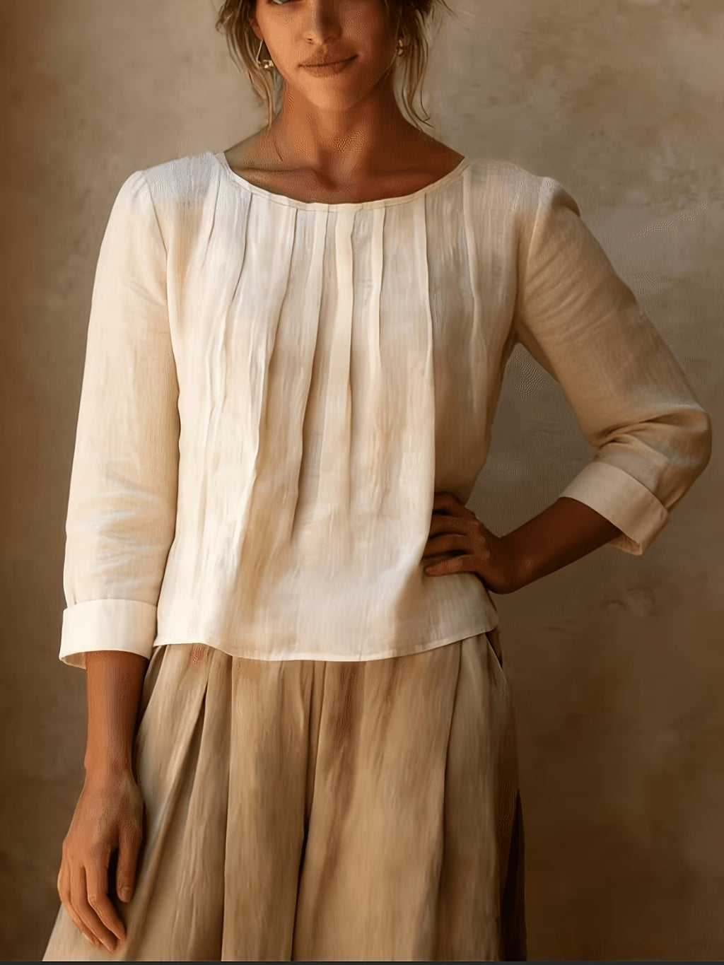 Womens Cotton-linen Top Loose-fit Round-neck Shirt – Premium 0 | RICALOUX