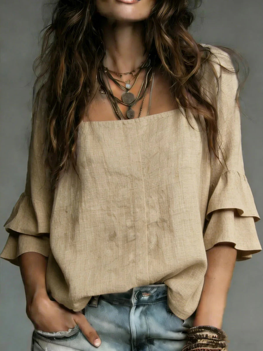Square-neck Flared Three-quarter-sleeve Casual Shirt by Ricaloux
