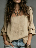 Square-neck Flared Three-quarter-sleeve Casual Shirt by Ricaloux
