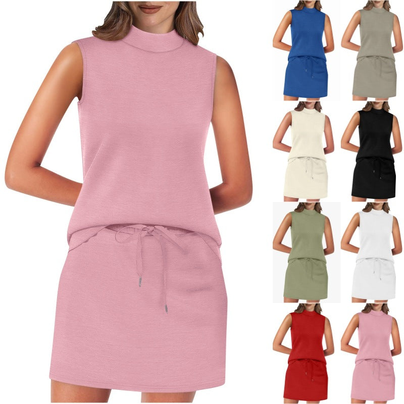 Sleeveless Stand-Neck Top And Short Skirt Two-Piece Set For Summer Beach Vacations by Ricaloux