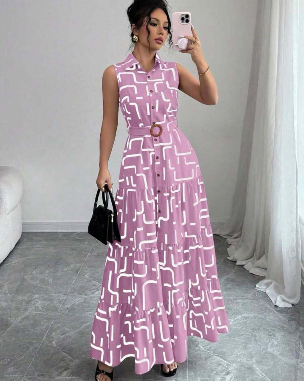 Printed-button Sleeveless Lace-up Shirt-collar Dress by Ricaloux