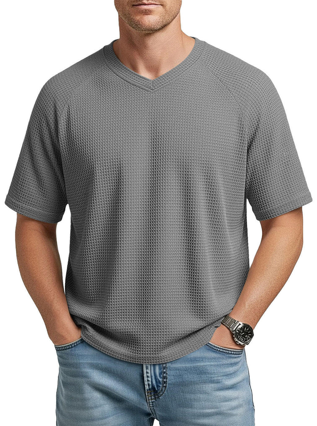 Mens V-neck Raglan Waffle-Knit Short-Sleeve Knit T-Shirt – Premium 0 | RICALOUX